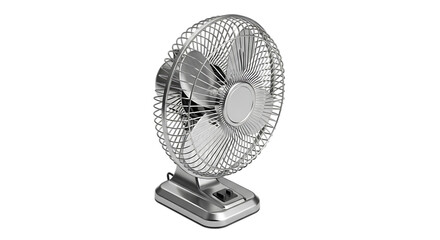 Silver metal table fan isolated on transparent background, a portable electric appliance for cooling and ventilation, providing a refreshing breeze in home or office