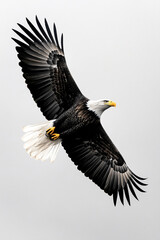 Naklejka premium An eagle in flight against a light gray background. Concept of freedom, power, nature, wildlife.