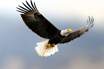 Naklejka premium An eagle in flight against a cloudy, light blue sky. Concept of freedom, power, nature, wildlife.