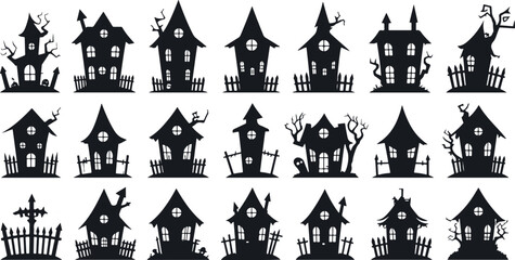 Halloween Haunted House Silhouette Set – Spooky Black Vector Collection of Haunted Buildings