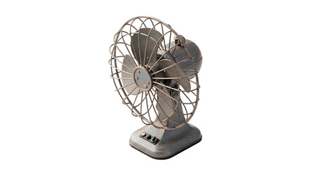 Vintage metal table fan isolated on transparent background, a retro electric appliance for cooling and ventilation, featuring a classic design and wire grille
