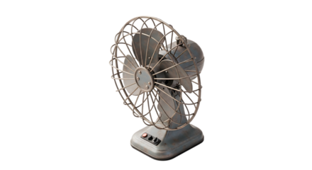 Vintage metal table fan isolated on transparent background, a retro electric appliance for cooling and ventilation, featuring a classic design and wire grille