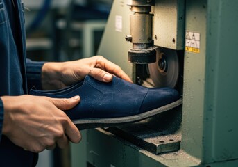 Shoemaker at Work Sole Trimming Close Up A Cobbler Carefully Operates a Machine Crafting Footwear Cutting Leather Precision and Skill