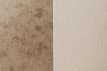 Fototapeta premium Carpet deep cleaning transformation with geometric pattern, brown to beige tone, top view for home maintenance concept