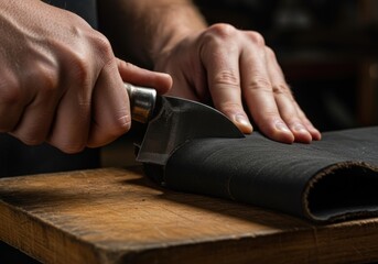 Artisan at work cutting leather with a round knife, showcasing craftsmanship and traditional techniques on a wooden board and dark background