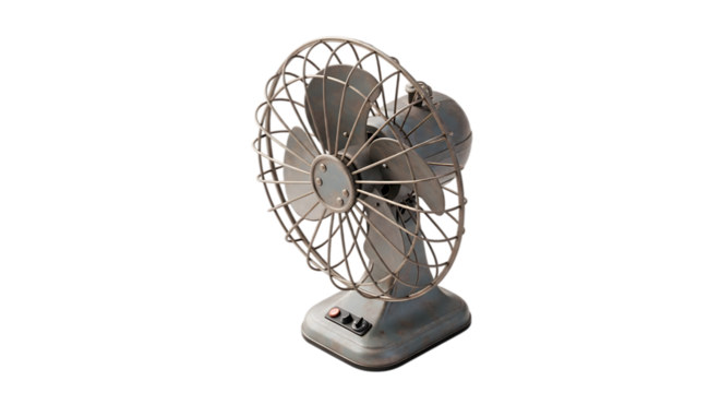 Vintage metal table fan isolated on transparent background, a retro electric appliance for cooling and ventilation, featuring a classic design and wire grille