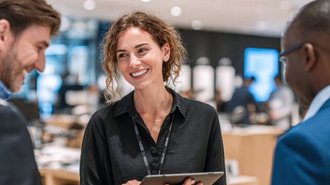 Friendly salesperson demonstrating product functionality on a tablet device interacting with potential clients in a modern trade fair environment.