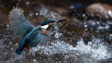 Kingfisher diving into a river creating a splash
