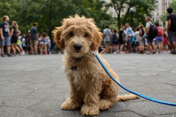 Adorable Miniature Golden Doodle Puppy Posing in a Bustling NYC Park, Capturing Urban Charm