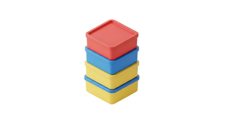 Stack of colorful plastic boxes isolated on transparent background, a set of containers for food storage and household organization, featuring red, blue, and yellow lids