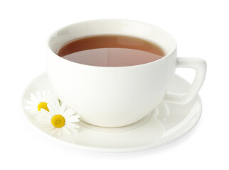 Aromatic tea in cup and chamomile flowers isolated on white