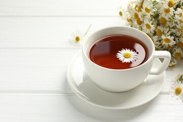 Aromatic tea in cup and chamomile flowers on white wooden table, closeup