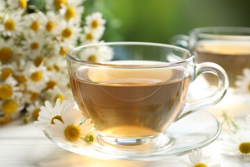 Aromatic tea in glass cups and chamomile flowers on white wooden table, closeup