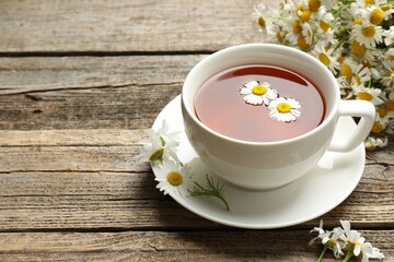 Aromatic tea in cup and chamomile flowers on wooden table, closeup