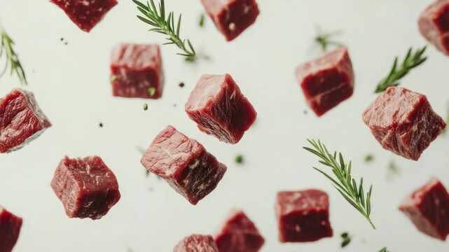 Flying Meat Cubes: a dynamic culinary image featuring vibrant red beef cubes and aromatic sprigs of rosemary and peppercorns creating visual appeal