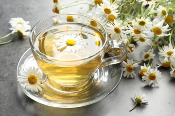 Tasty chamomile tea and flowers on grey table, closeup