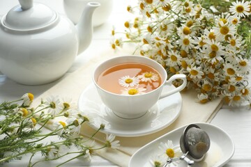 Tasty chamomile tea, infuser and flowers on white wooden table, closeup