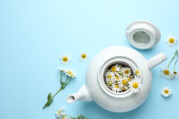 Teapot with chamomile flowers on light blue background, flat lay. Space for text