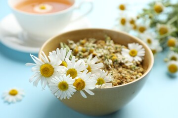 Chamomile flowers in bowl on light blue background, closeup