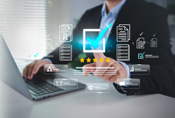 Quality assurance compliance checklist approval with five-star rating icon and ISO certification...