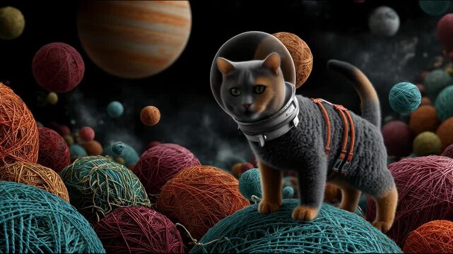 An astronaut cat in a helmet stands on a ball of thread in outer space with colorful balls of thread and planets in the background
