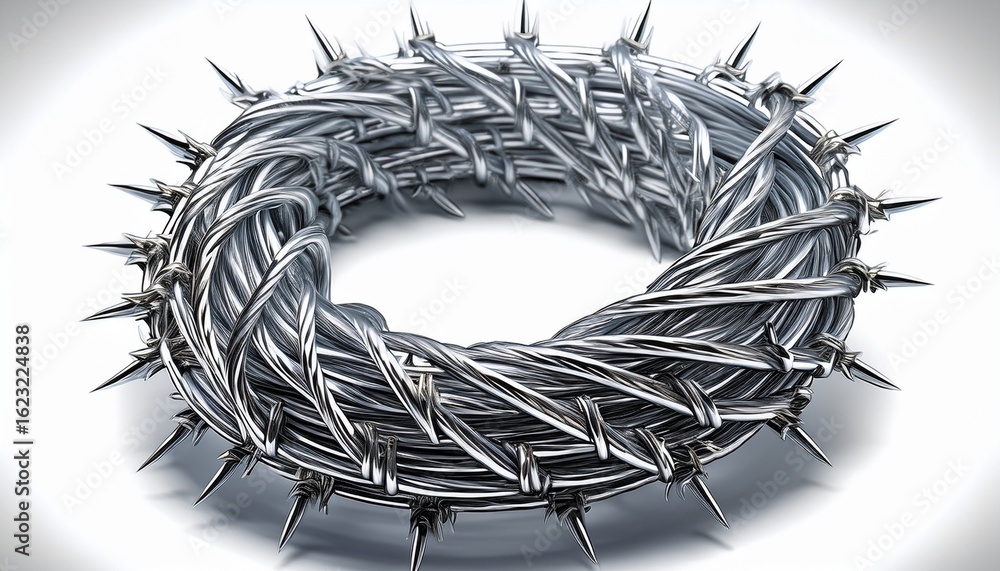 Poster a tightly wound coil of metallic barbed wire with sharp points forming a circular shape isolated on 