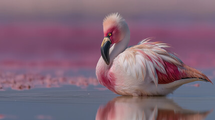 A flamingo preening in pink-hued shallow water