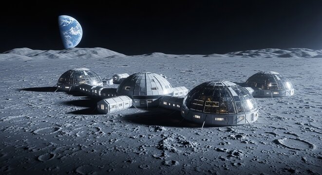 Moon base habitat colony lunar surface exploration space settlement future architecture earth view