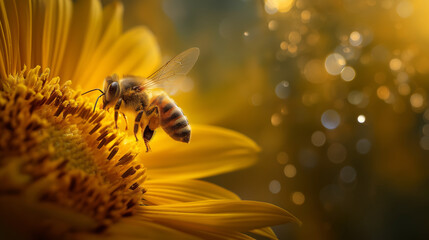 Bee landing on a sunflower with visible pollen details