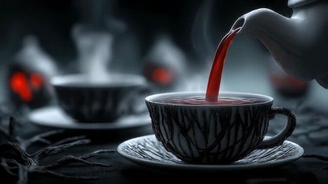 tea cup is being filled with a tea from a teapot