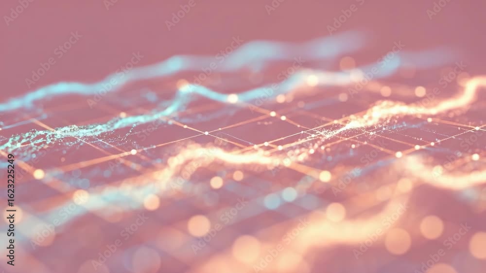 Poster abstract visualization of dynamic data trends represented through colorful waveforms on a soft gradi
