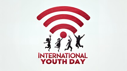 International youth day with red wifi symbol and jumping people silhouettes on white background