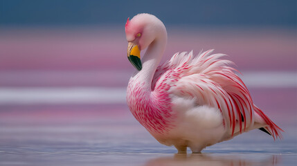 A flamingo preening in shallow pink-hued water