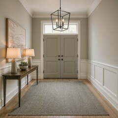 Fototapeta premium Welcoming foyer entrance with lantern pendant light and wainscoting details