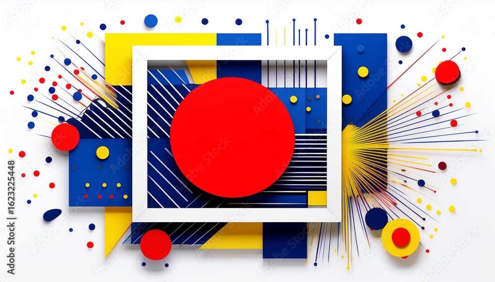 Poster abstract geometric composition with a white rectangle frame blue l shape red circle yellow starburst