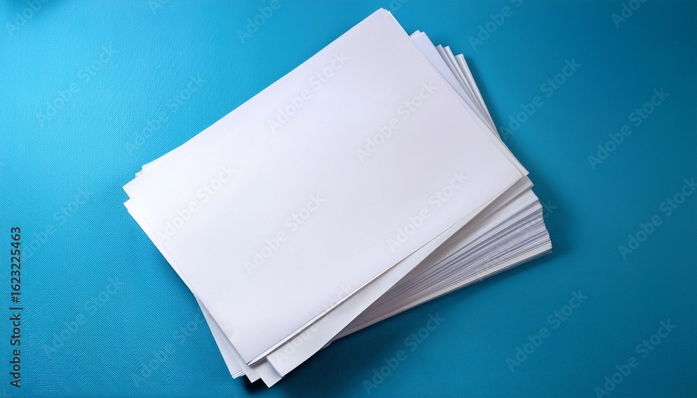Poster stack of white paper with a single sheet leaning against it on a light blue surface backdrop scene