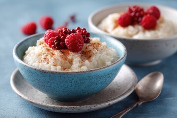 Milky Rice pudding with superberries and red raspberry sauce, served in a white bowl on blue tablecloth background. Rice porridge topped with some raspberries and cinnamon sprinkled. Old English style