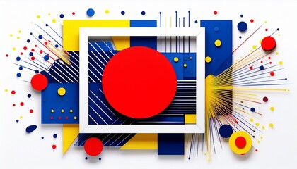 Obraz premium abstract geometric composition with a white rectangle frame blue l shape red circle yellow starburst and scattered dots isolated on white background