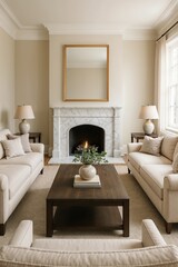 Fototapeta premium Refined living room with marble fireplace and classic neutral interior design