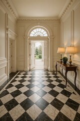 Stately hallway with arched doorway and black and white checkered flooring