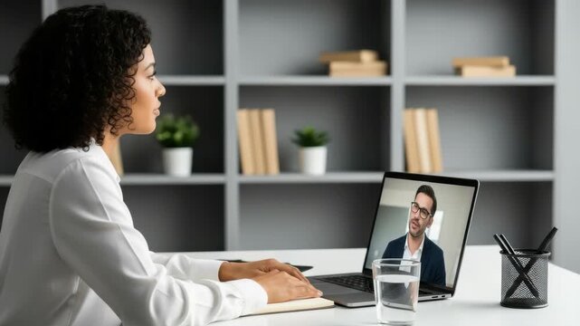 A professional woman engaged in a video conference at a modern workspace with bookshelves in the background showcasing a virtual meeting environment