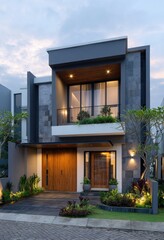 Modern, two-story home with dark gray facade and light wood accents