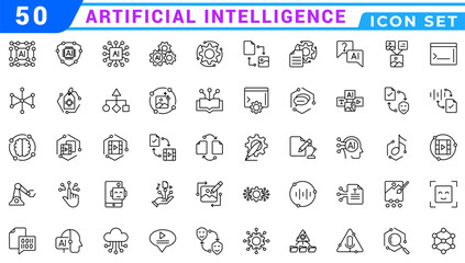 Artificial intelligence icon set, editable stroke, thin line vector illustration of AI, smart robot, machine learning, innovation, digital brain, algorithm, cyberspace, network, data, technology