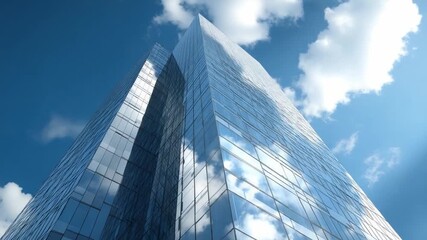 Reflective Skyscraper's Ascension: A majestic modern skyscraper reaches towards a vibrant blue sky, its glass facade mirroring the fluffy clouds, representing architectural ingenuity and urban growth.