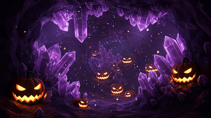 Halloween pumpkins in crystal cave spooky halloween background halloween theme halloween night scene