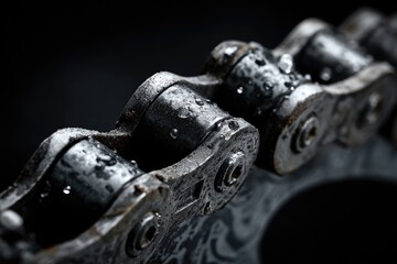 Close-up of a wet bicycle chain