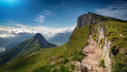 Obraz premium steep mountain path leading upward to a dramatic cliff with stunning views over the surrounding landscape