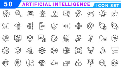 Artificial intelligence icon set, editable stroke, thin line vector illustration of AI, smart robot, machine learning, innovation, digital brain, algorithm, cyberspace, network, data, technology