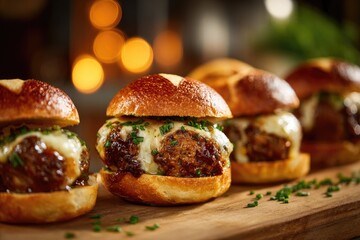 Meatball sliders on pretzel rolls with melted cheese