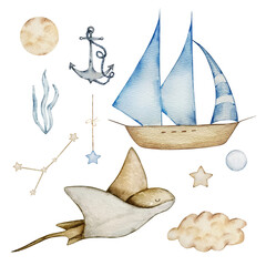 Watercolor Stingray and Boat set, dreamy design for decorating banners, invitations and cards